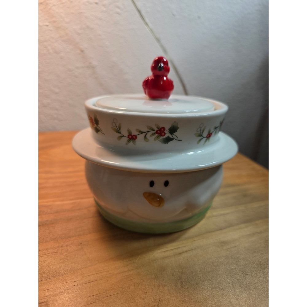 Pfaltzgraff Winterberry Snowman Covered Jar with Cardinal Lid Stoneware Holiday